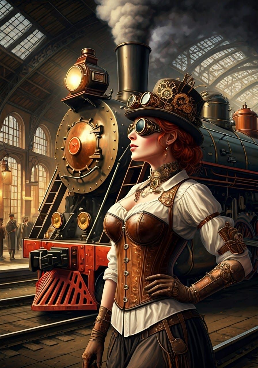 Steampunk Lady Amidst Copper Locomotive Splendor