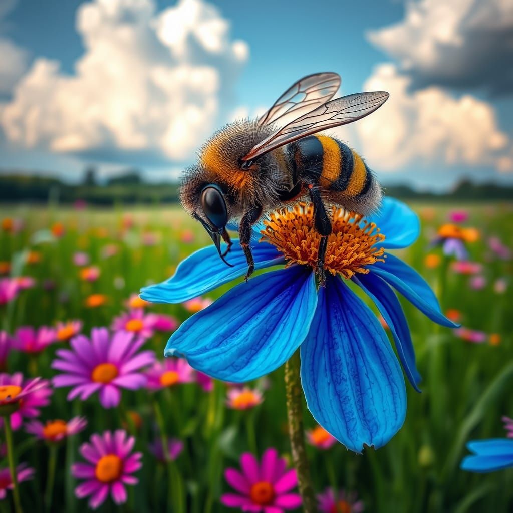Vibrant Cartoon Bee on Electric Blue Flower in Lush Field