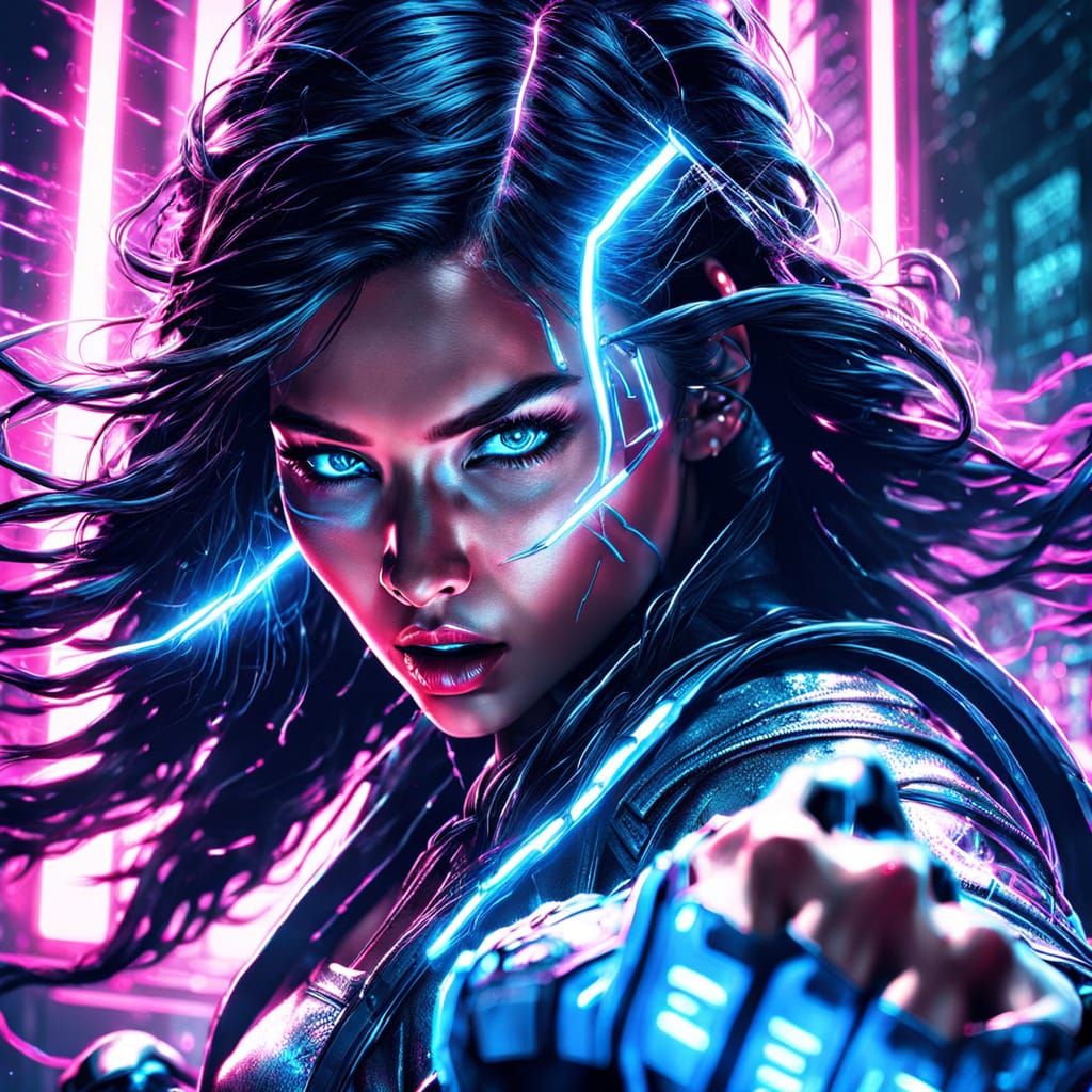 Sci-Fi Boxer Woman in Neon Lights, Retrofuturism Style