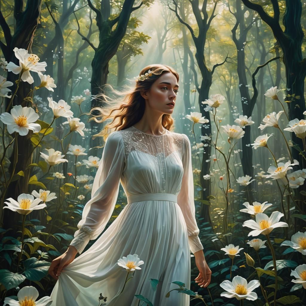 Woman in Mystical Forest with Iridescent Flowers