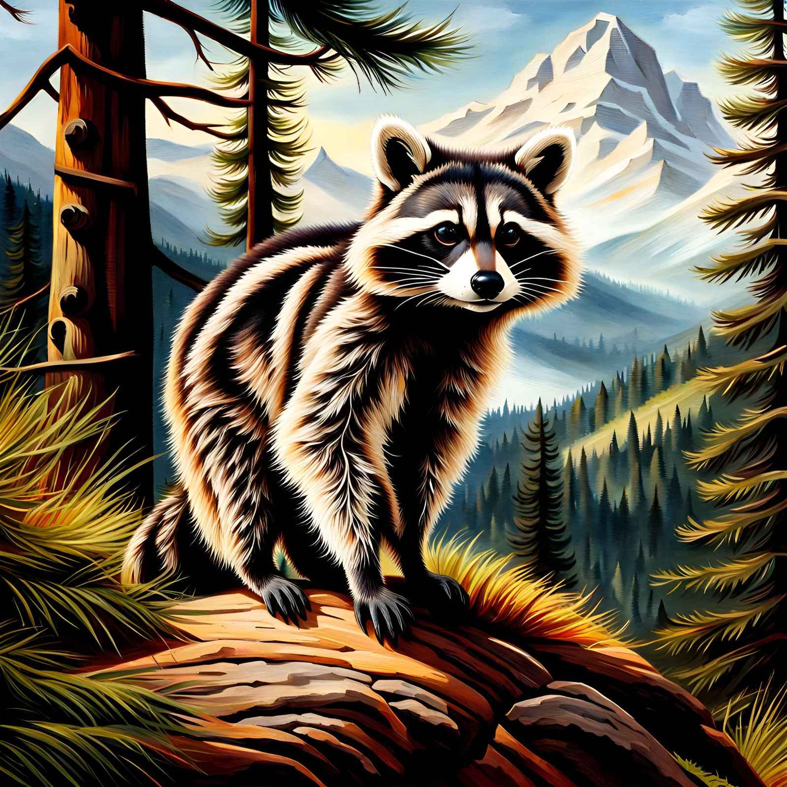 Realistic Raccoon in Mountain Landscape: Oil Painting