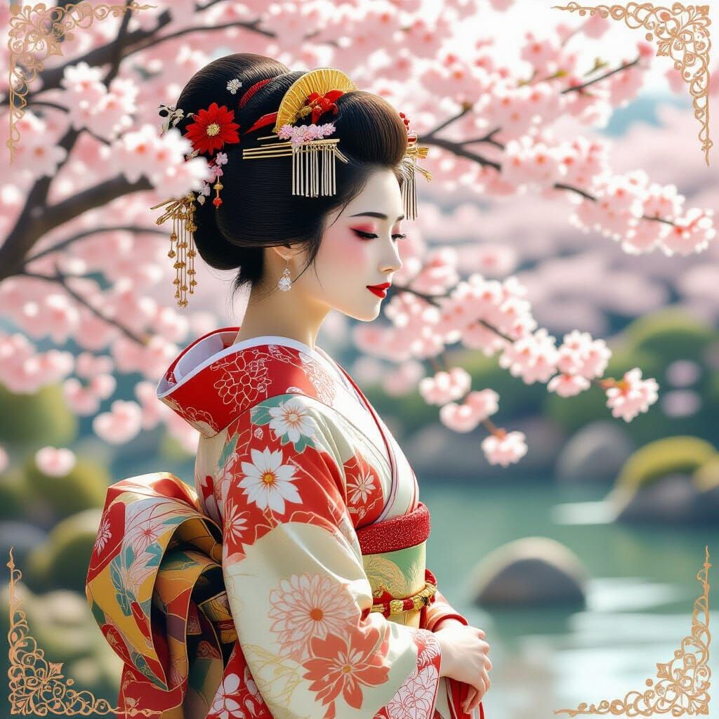 Geisha in Cherry Blossom Garden with Art Nouveau Flair