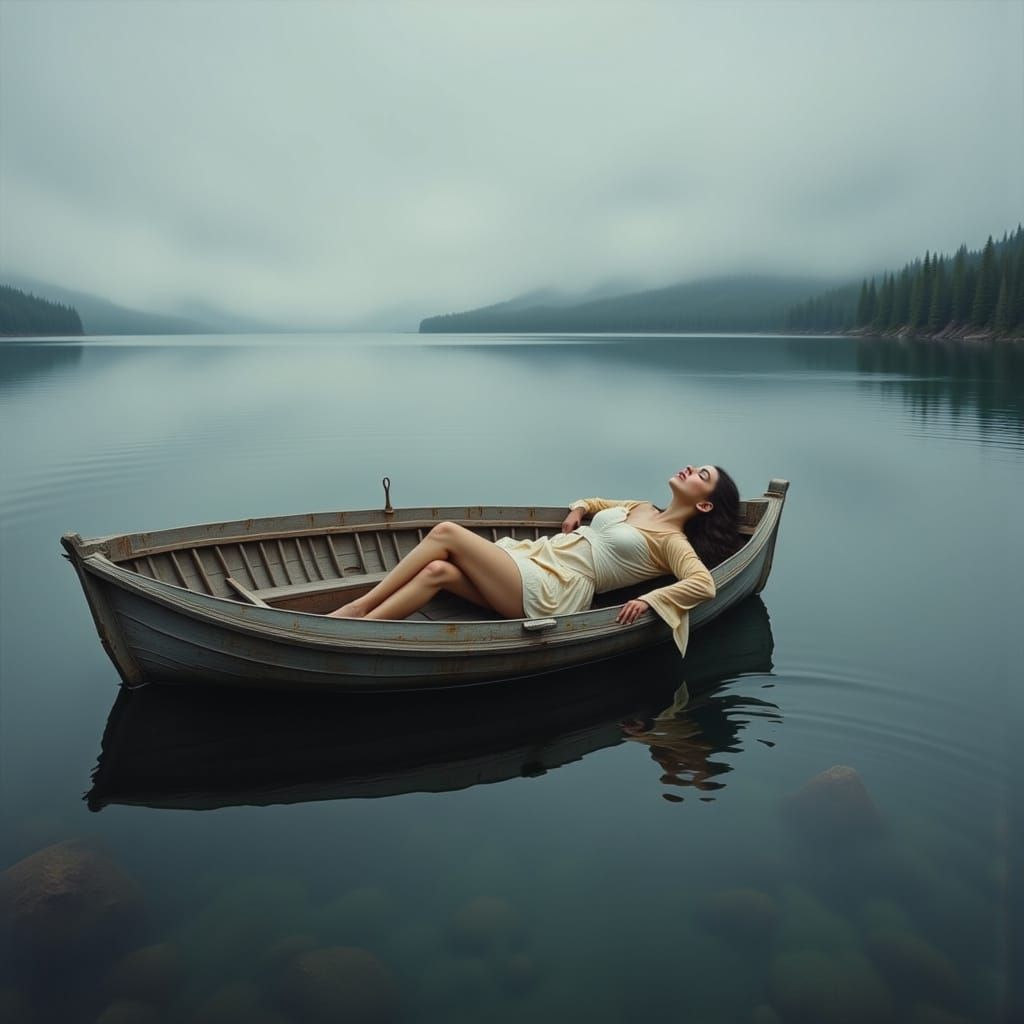 Woman Relaxing in Drifting Boat on Calm Lake