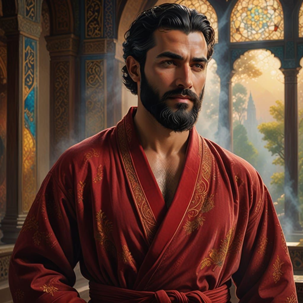 Regal Figure in Crimson Velvet Robe