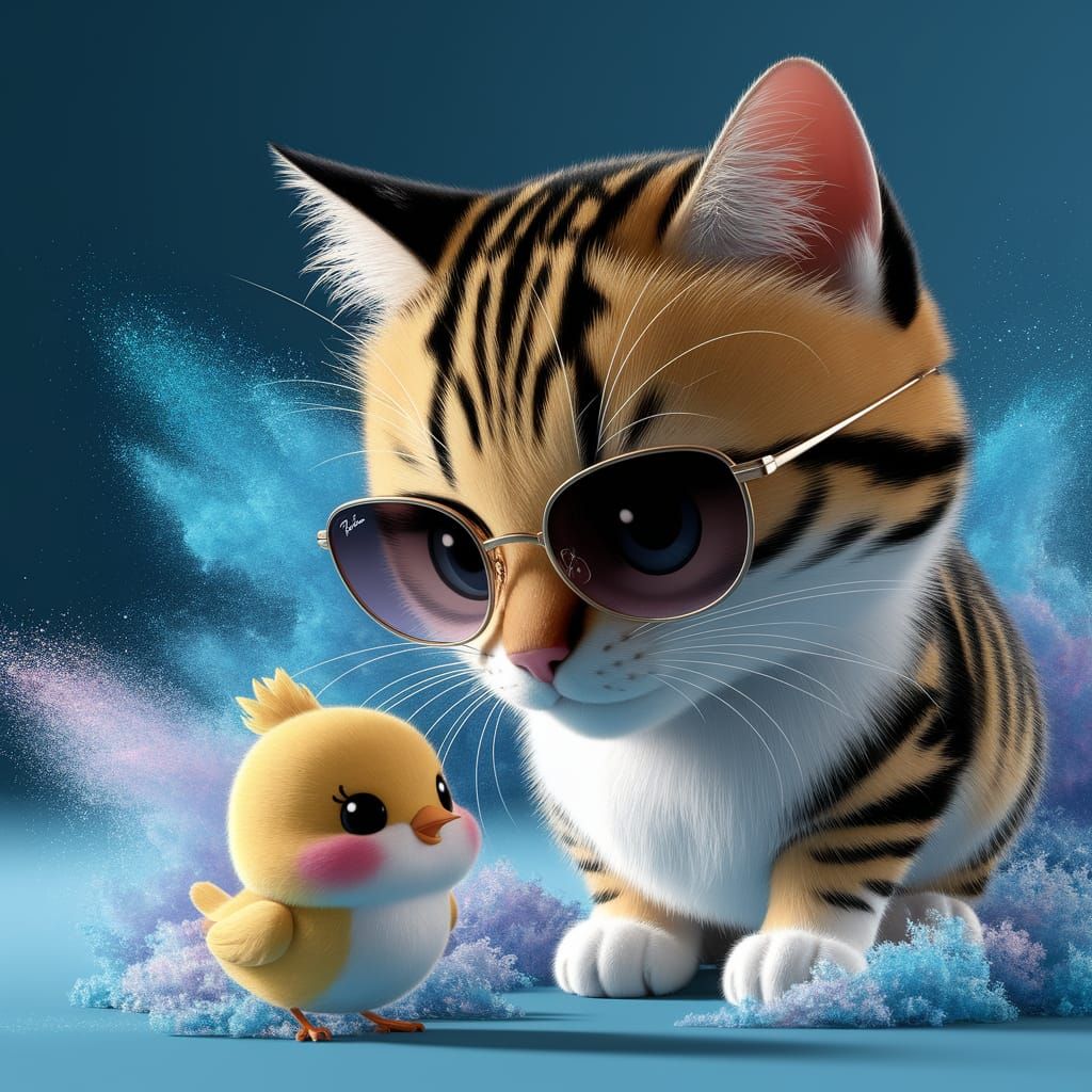 Cat with Sunglasses and Bird in Anime Style