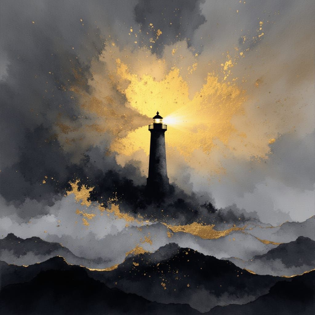 Solitary Lighthouse Against Stormy Seas in Watercolor Style