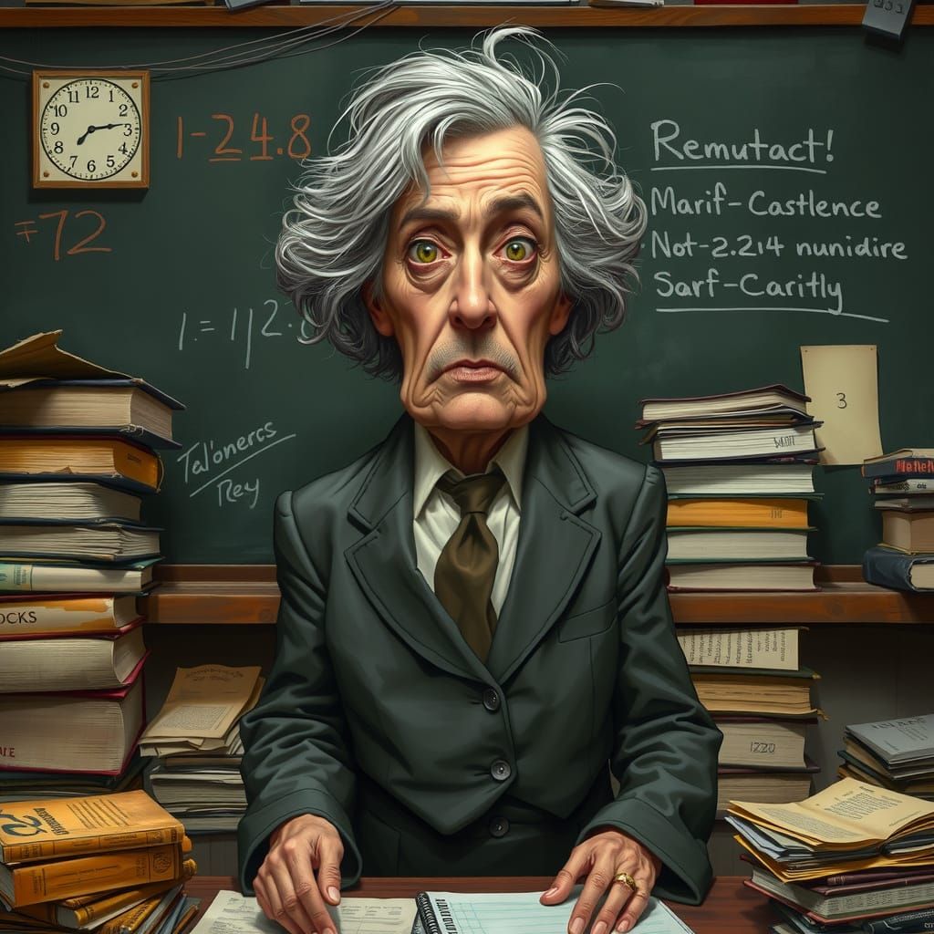 Disheveled Numeracy Professor in Caricature Style