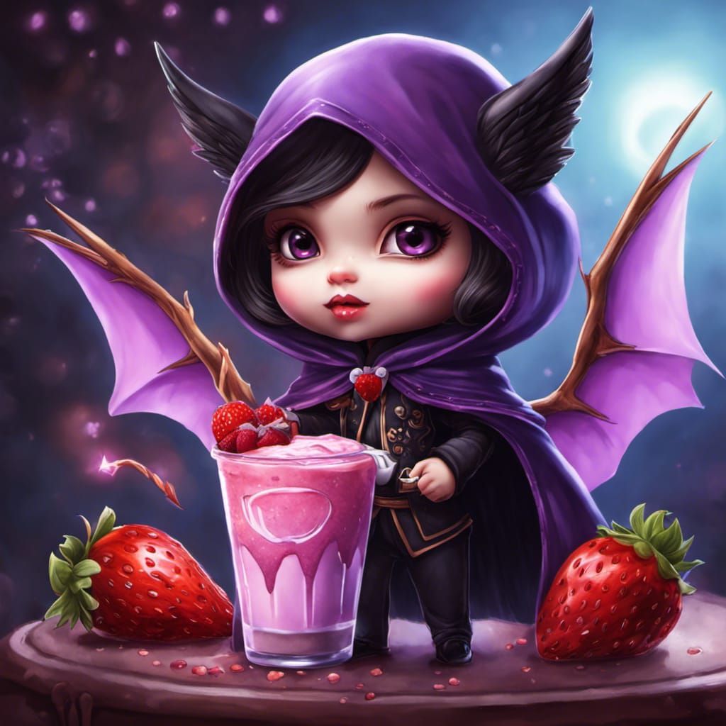 Chibi Vampire with Strawberry Milkshake in Pastel Colors