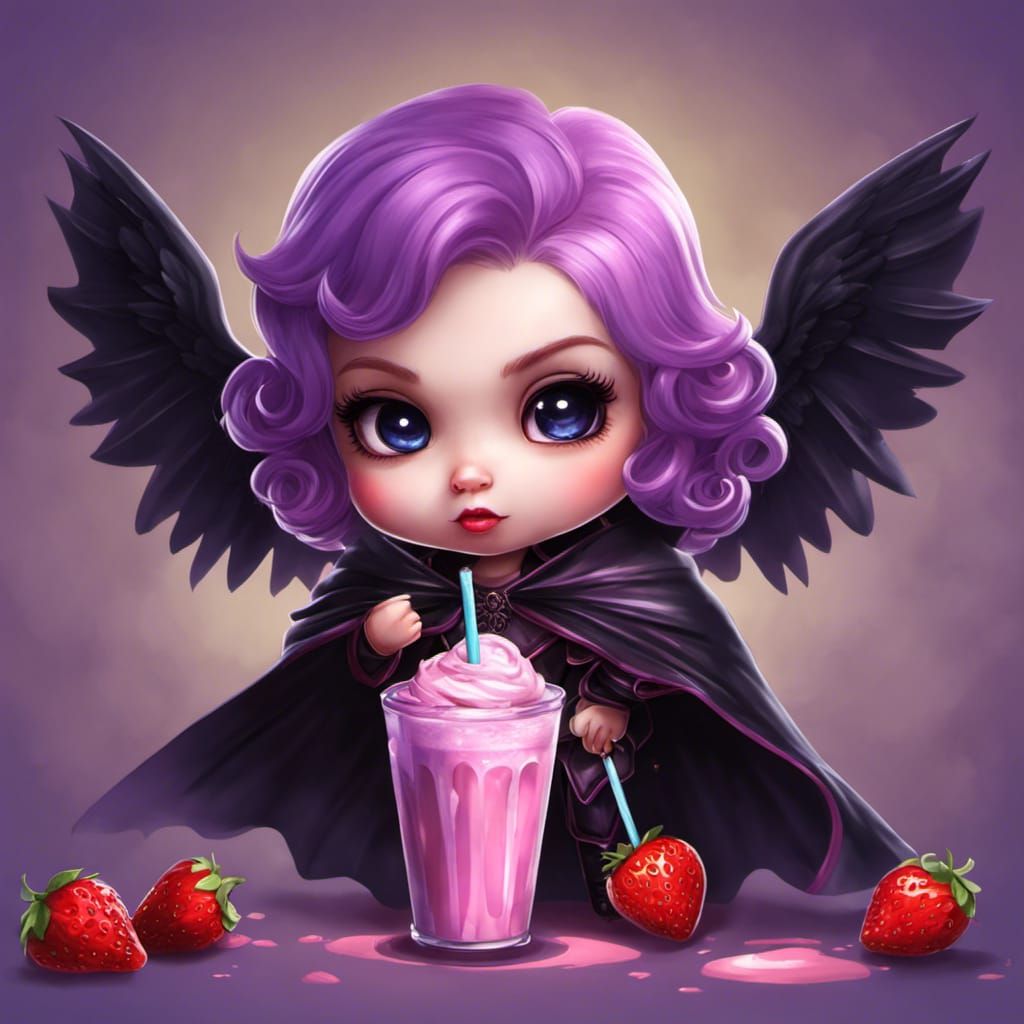 Chibi Vampire with Strawberry Milkshake in Pastel Colors