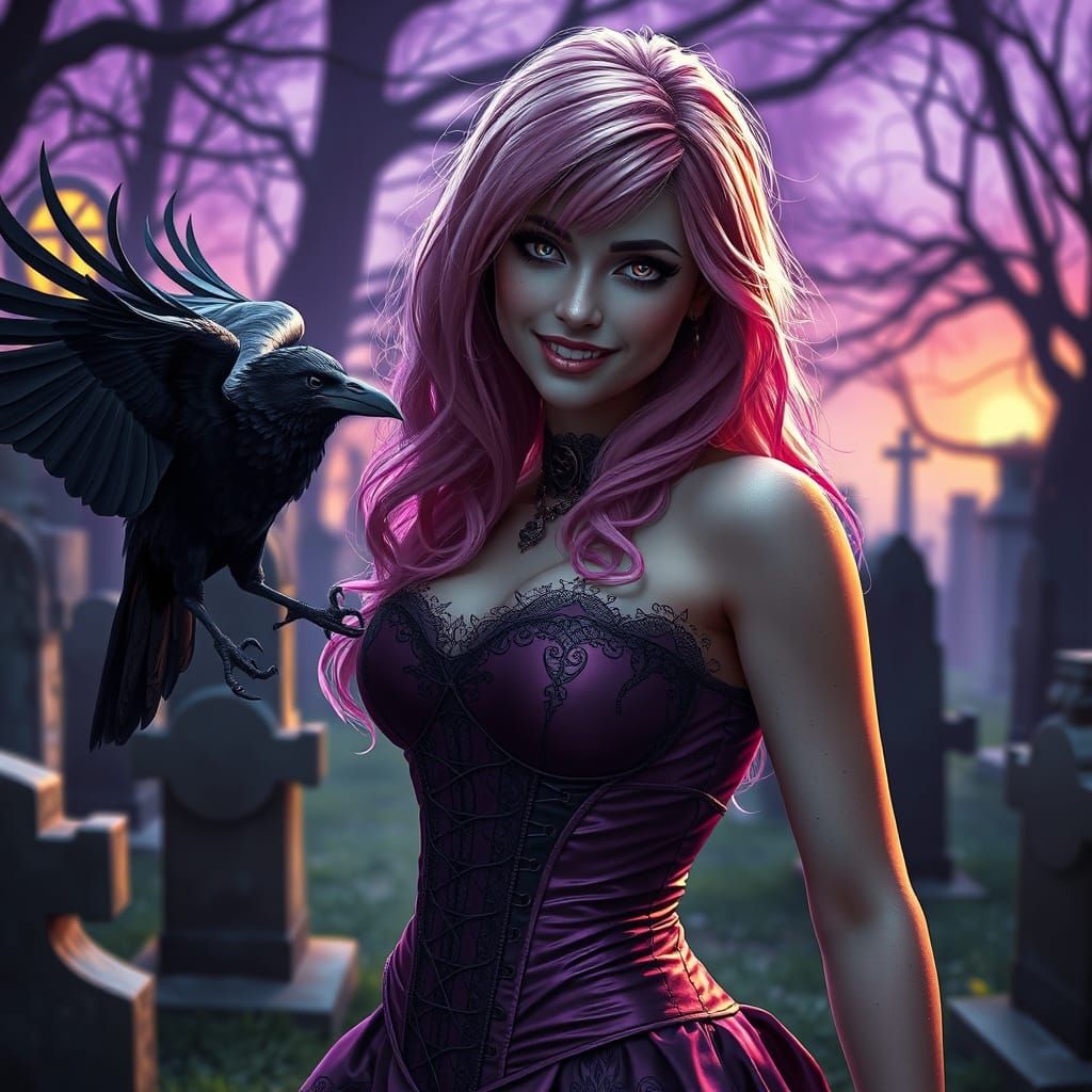 Pink-Haired Woman with Raven in Gothic Dark Fantasy