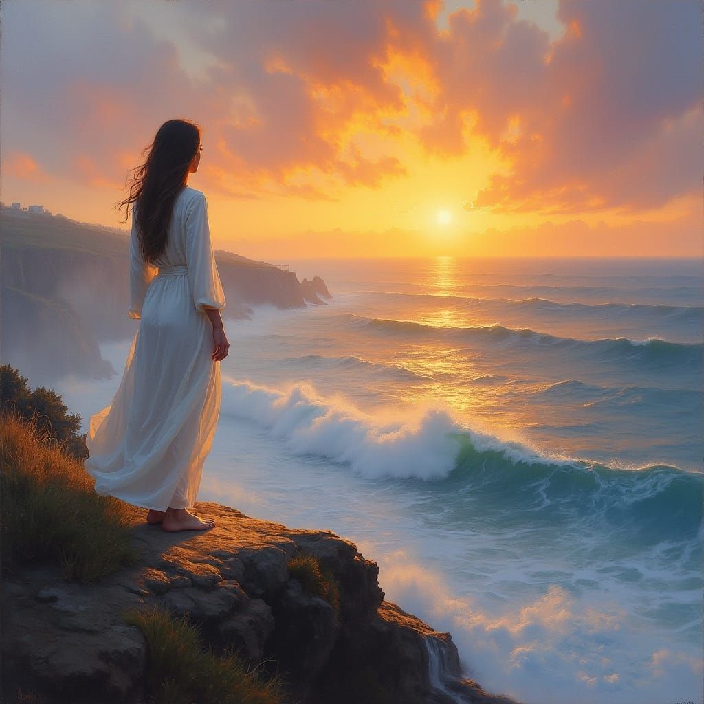 Serene Sunrise Cliff Overlook in Impressionist Style