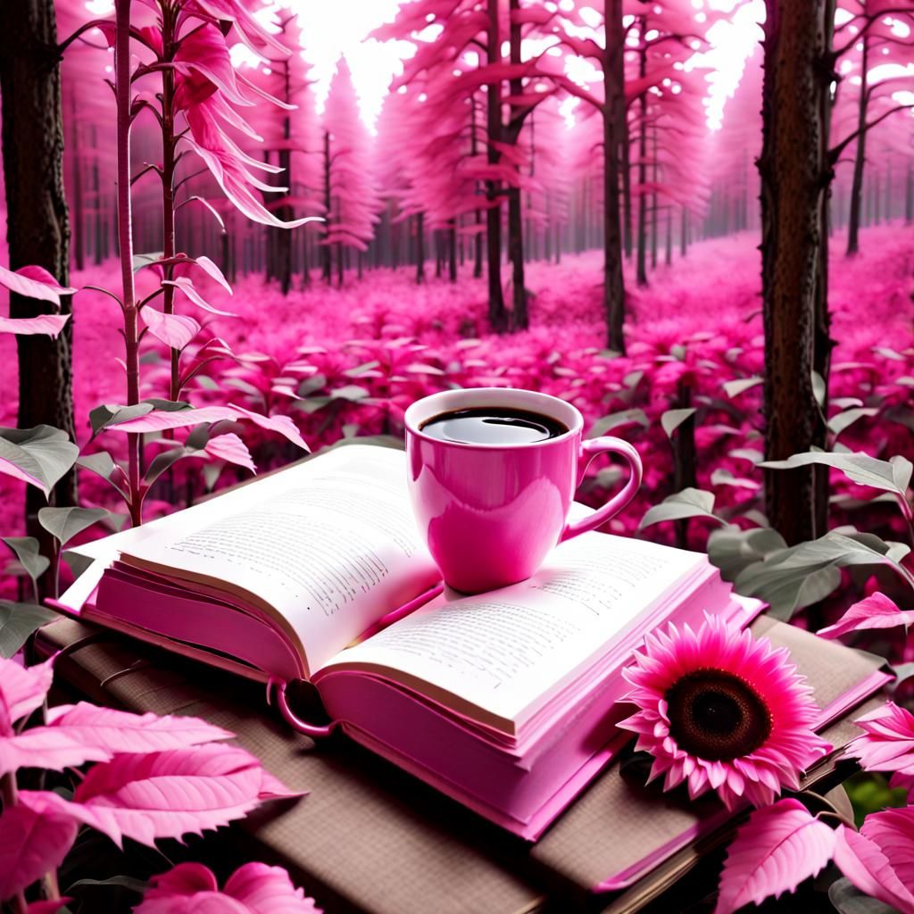 Pink Forest with Sunflower, Book and Coffee