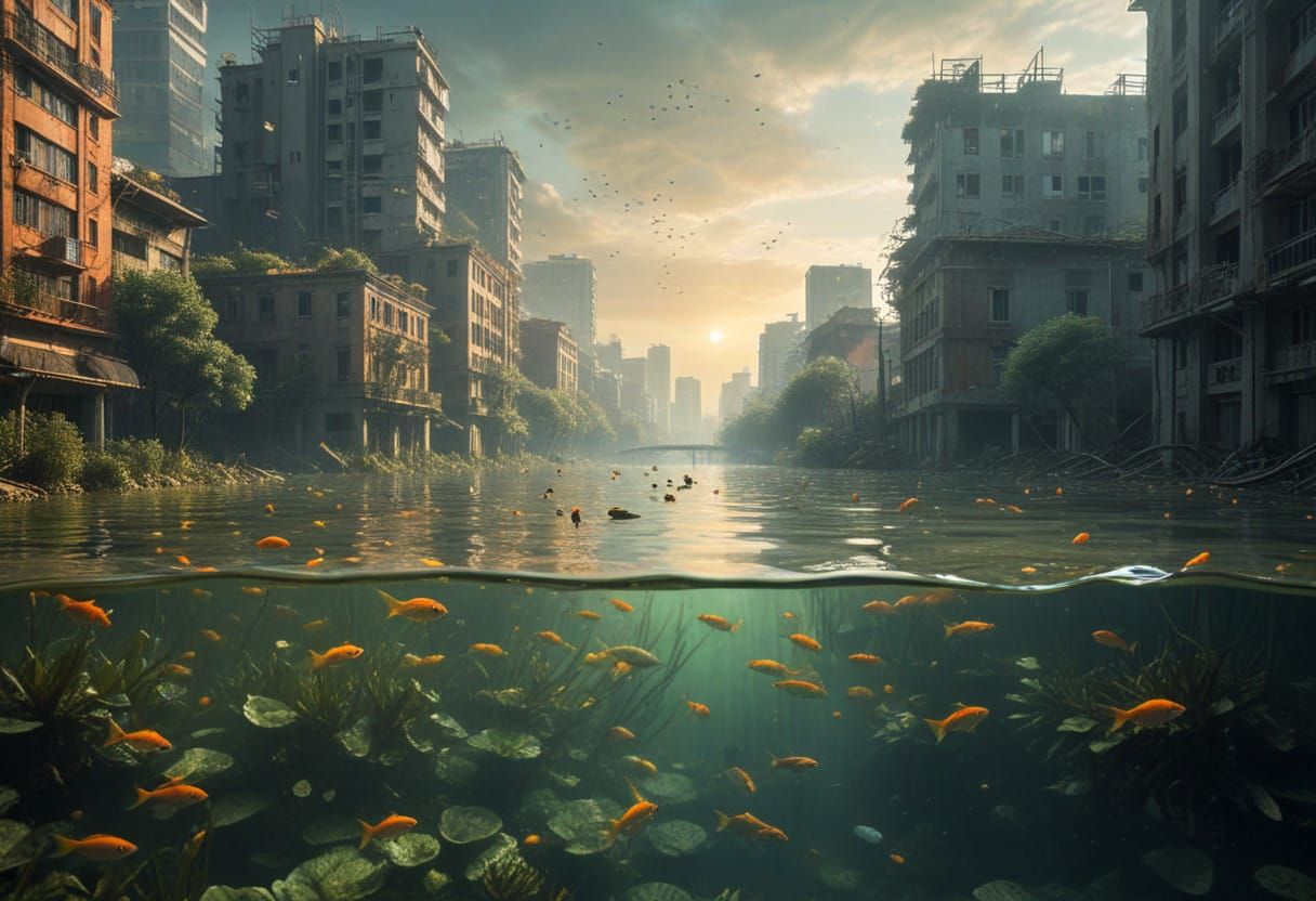 Cyberpunk City Submerged in Toxic Radiant Water with Abandon...