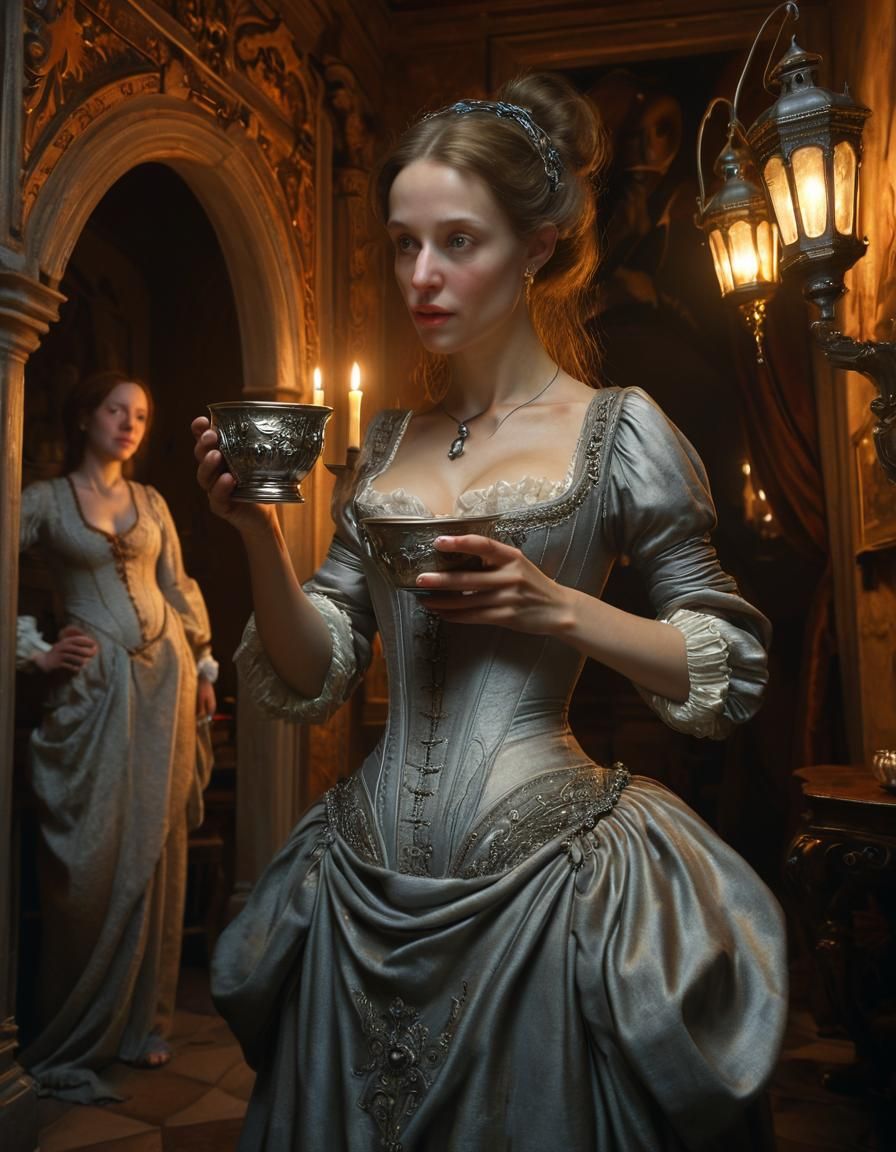 Renaissance Woman Drinks in Ornate Chamber