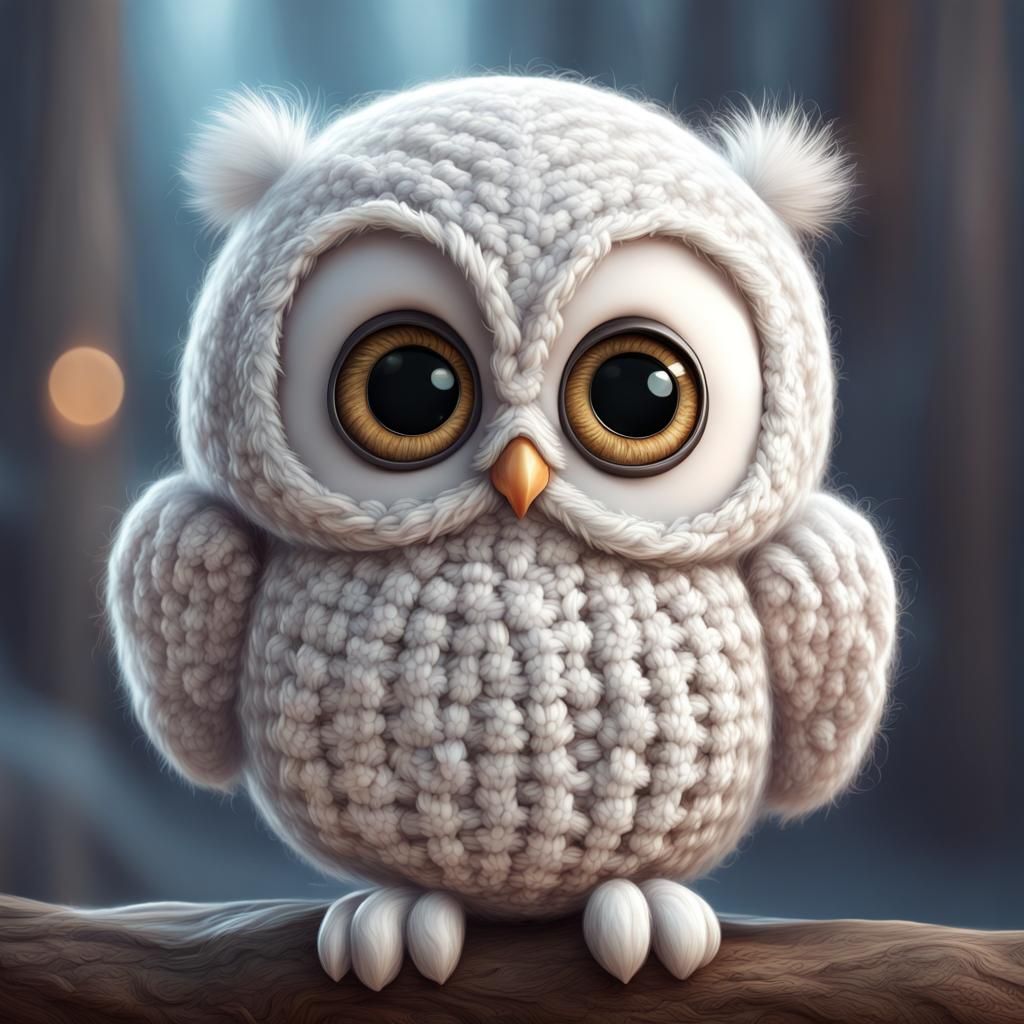 cute fluffy tiny white baby knitted yarn owl!!! Big beautiful eyes!! Insanely detailed portrait painting of an adorable ...