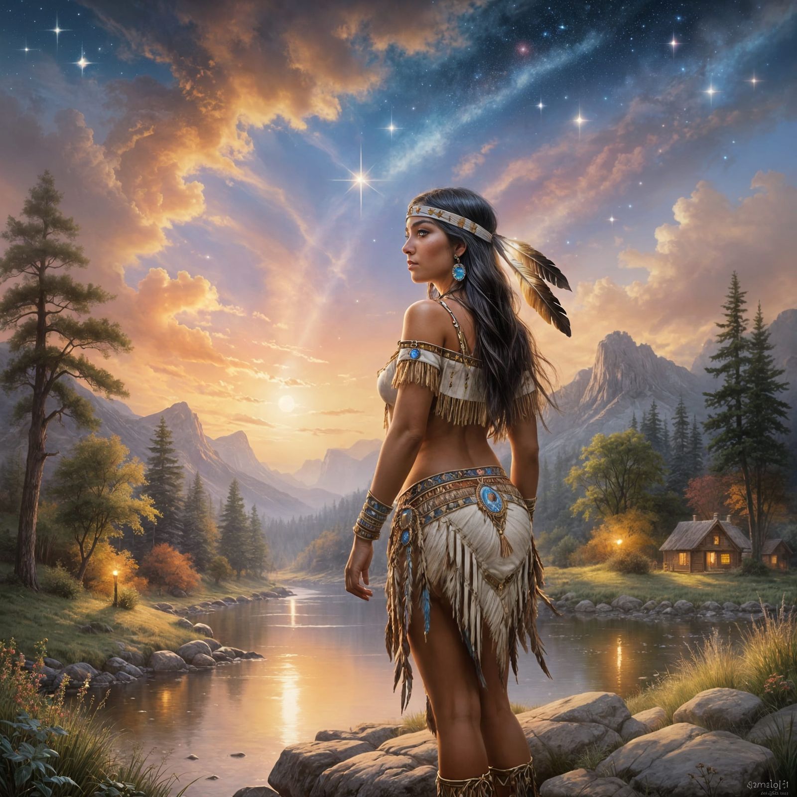 Native American Woman Painting Stars in Dusk Sky