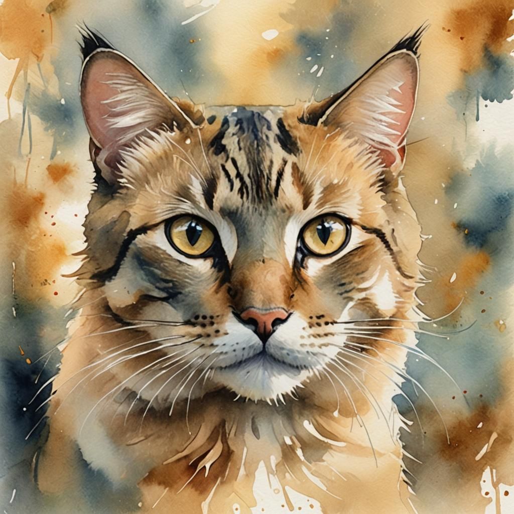 Watercolor Cat Portrait with Soft Focus