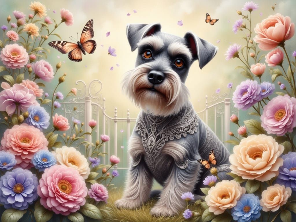 Lace Schnauzer in Floral Garden, Hyperrealistic Style
