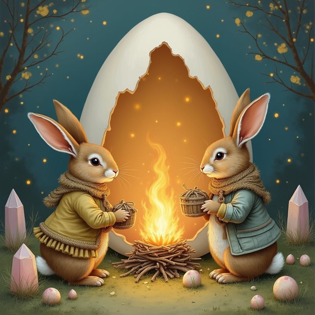 Rabbits Trading in Easter Egg, Painterly Style