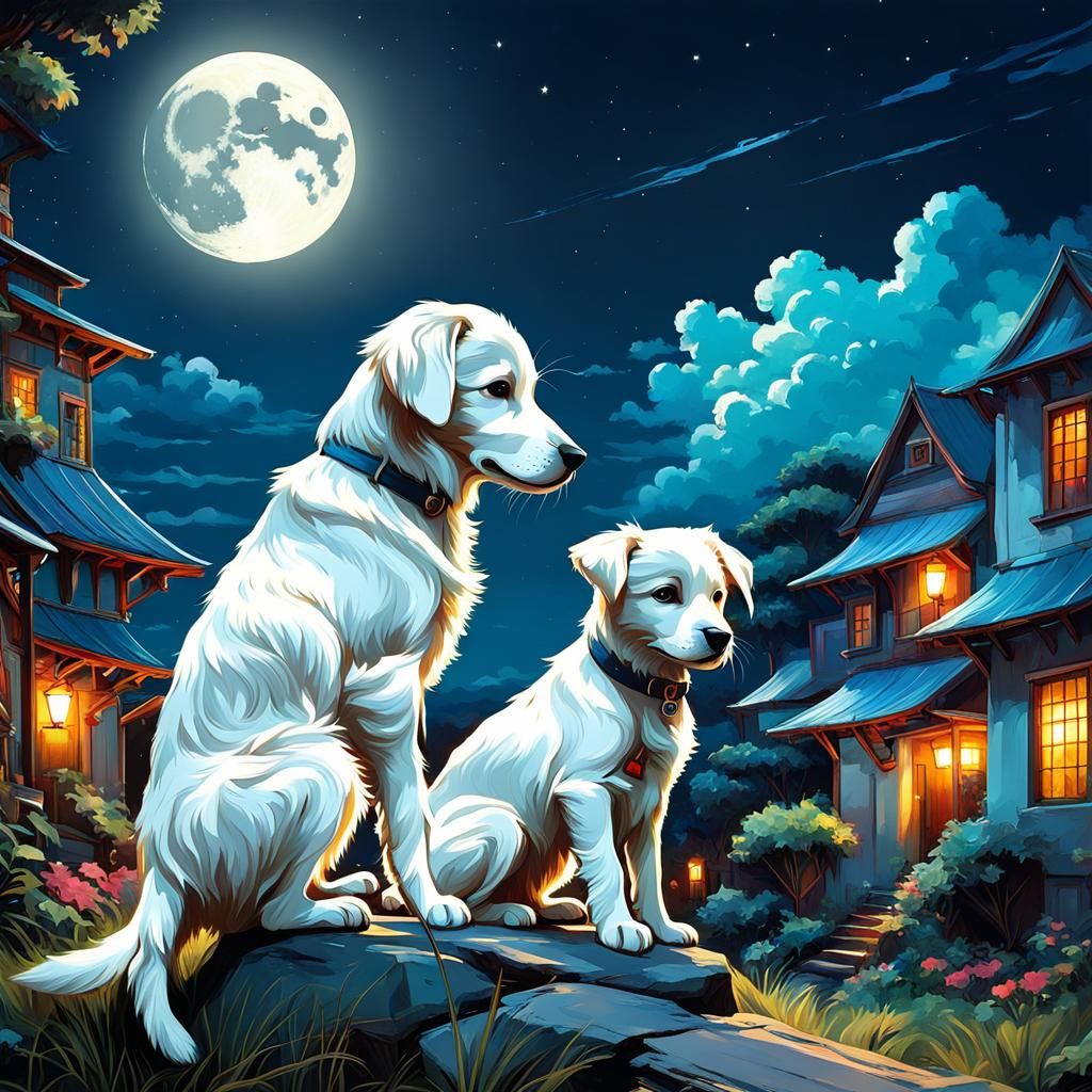 Anime Puppy Gazing at Moon, Waterhouse Style