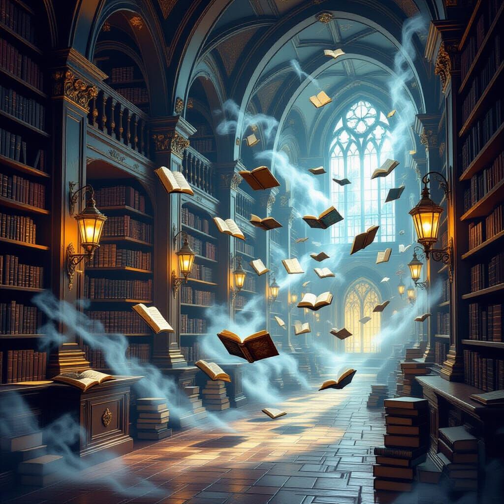 Magical Library with Levitating Books in Ethereal Fantasy St...