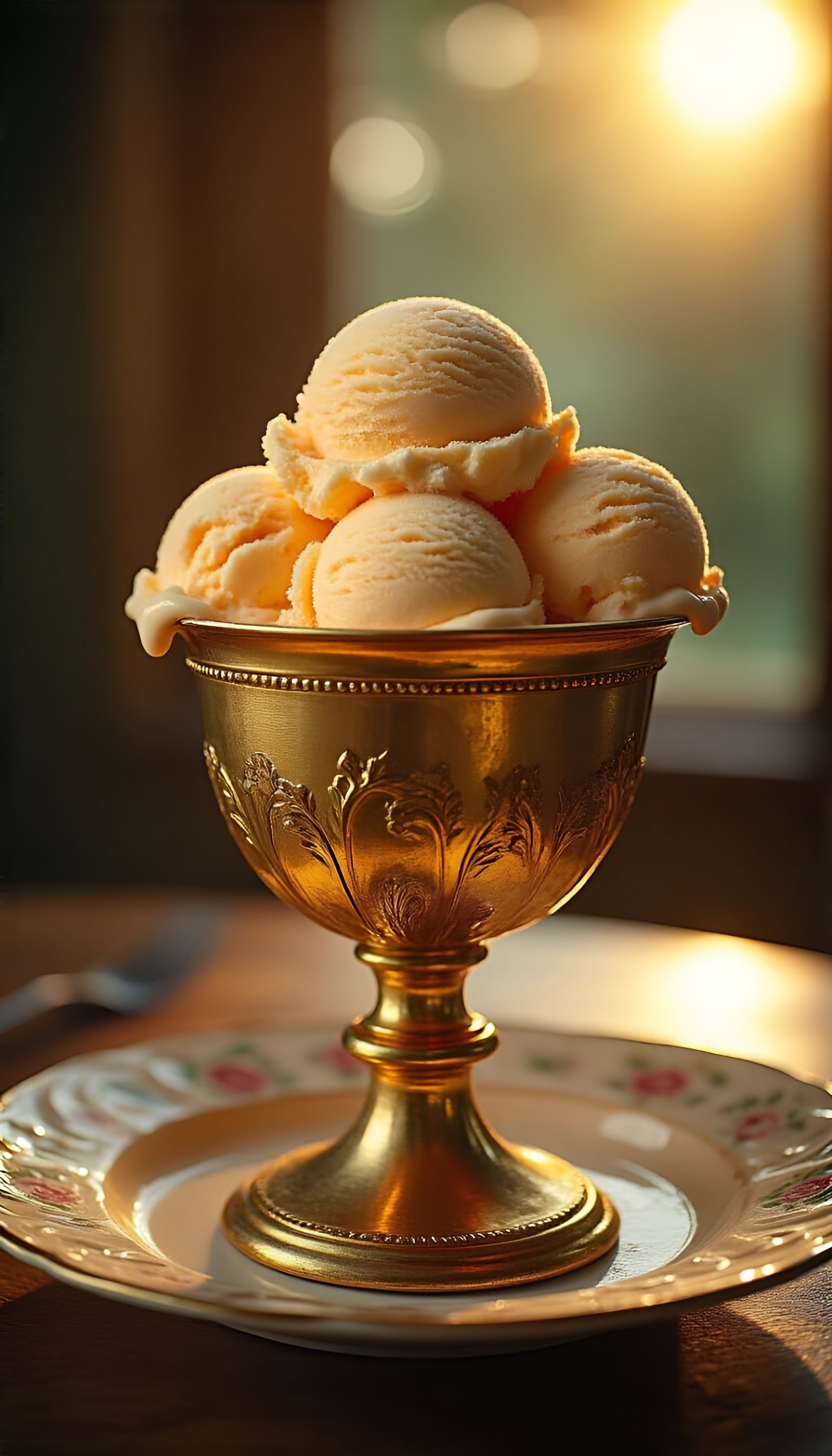 Golden Chalice of Peach Ice Cream: Cinematic Film Still