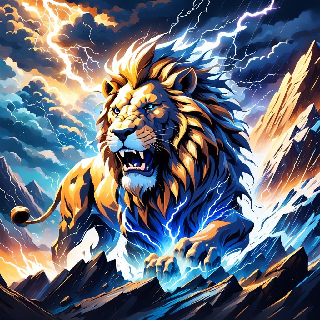 Lightning Lion Roaring on Stormy Peak