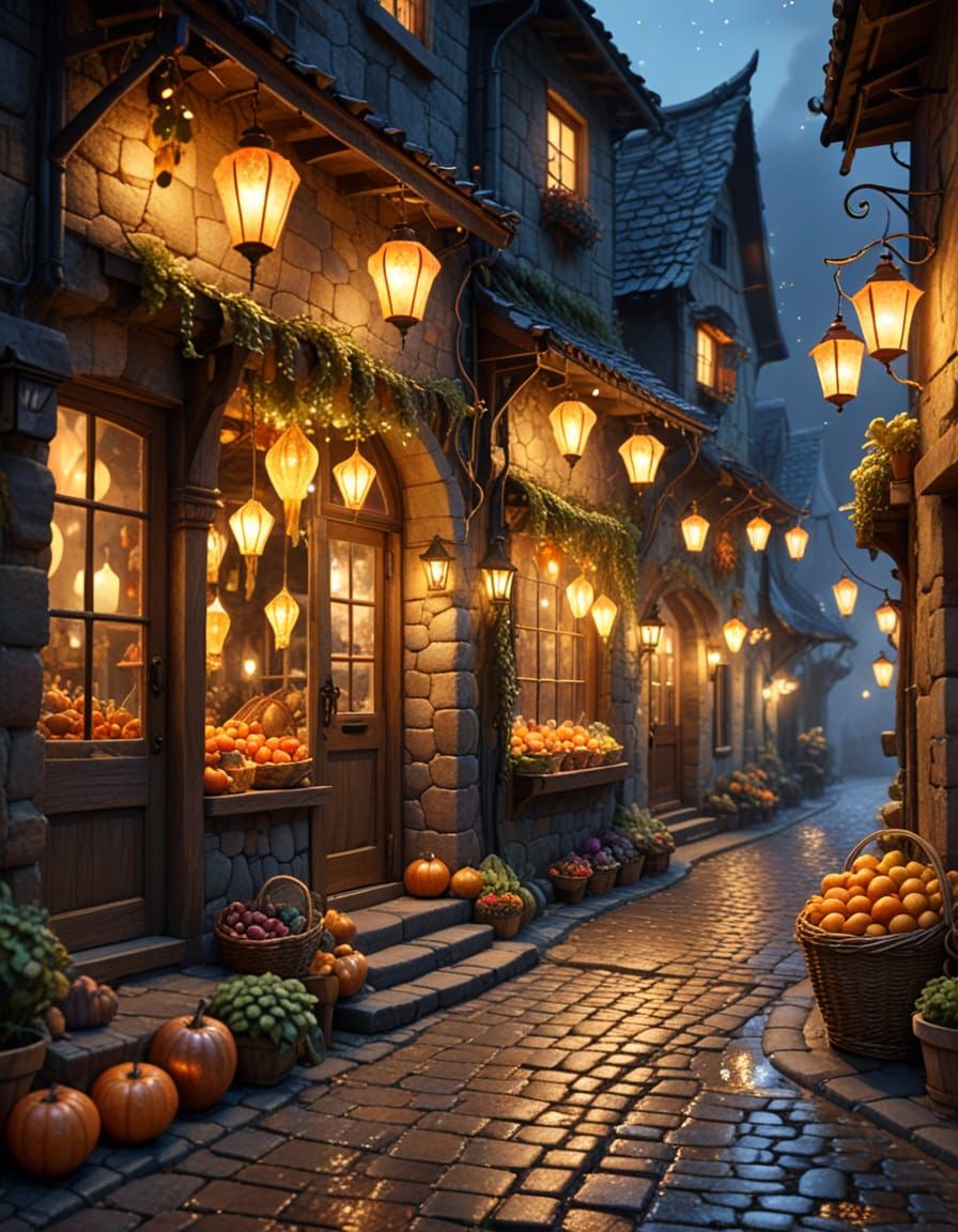 Mysterious Figure in Whimsical Watercolor Fantasy Street