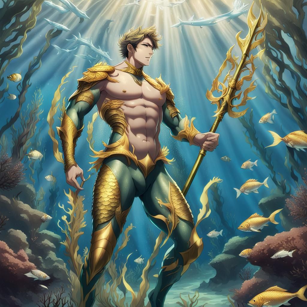 Armored Merman in Kelp Forest, Anime Style
