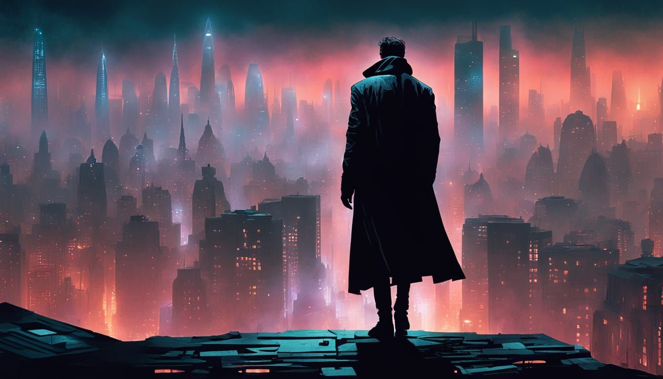 London Cyberpunk Winter Scene with Lone Figure in Long Coat...