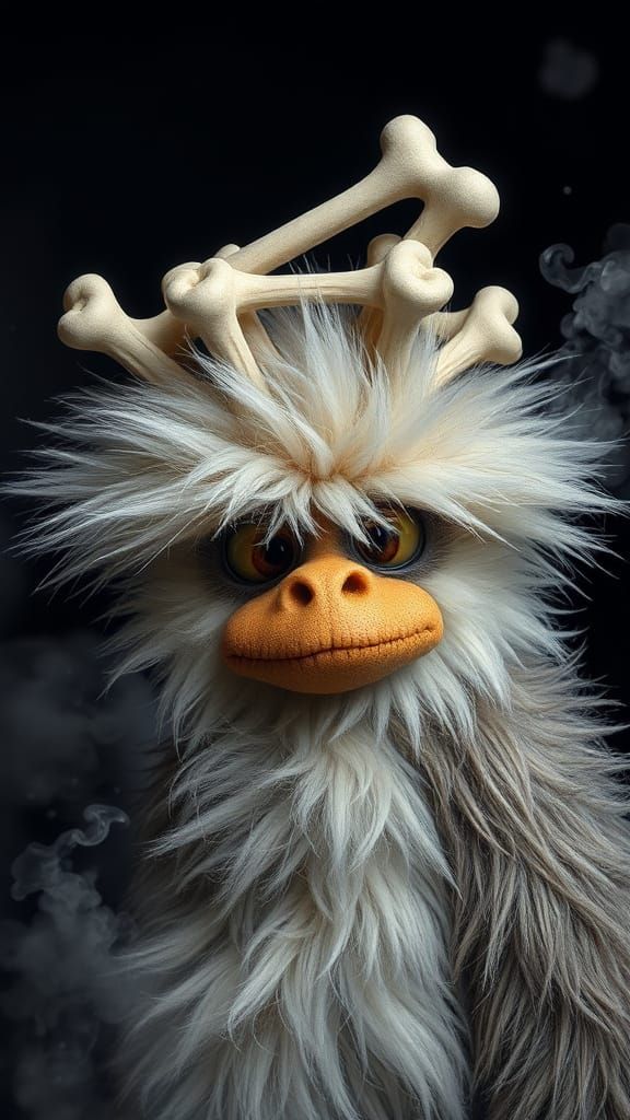 Furry Monster with Bone Hat in Fog, Photorealistic