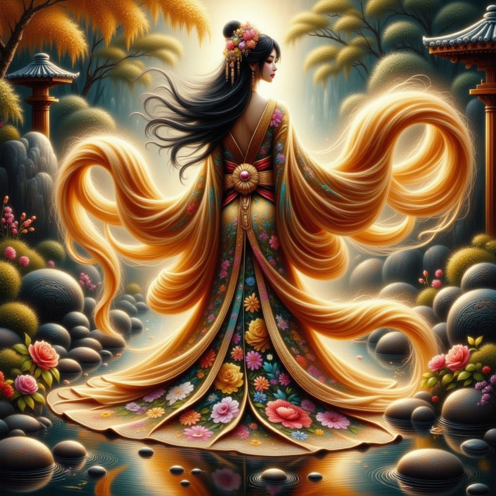 Ethereal Japanese Goddess in a Whirling Traditional Gown