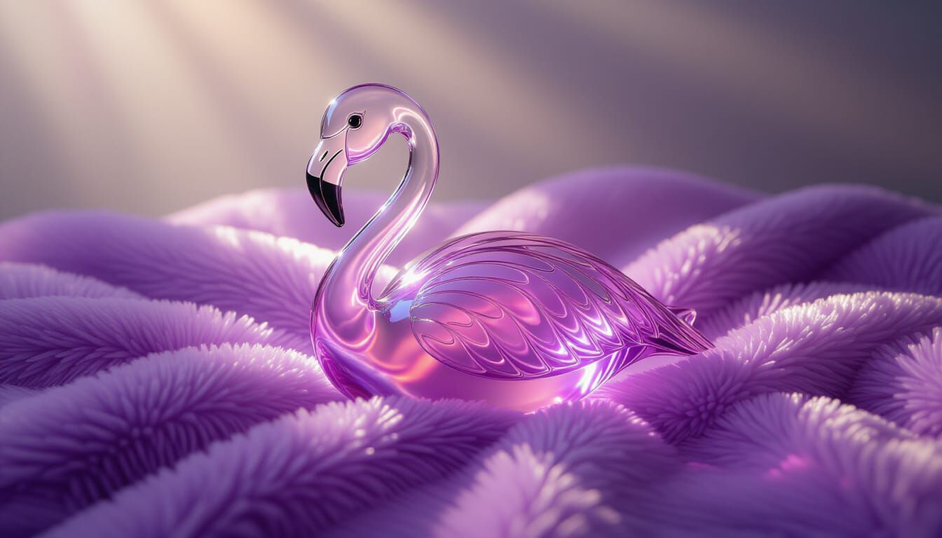 Intricate Glass Flamingo on Plush Purple Throw
