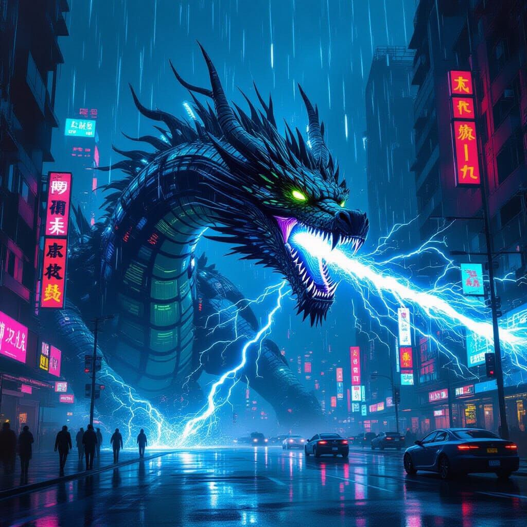 Cyberpunk Dragon Unleashes Energy in Neon City