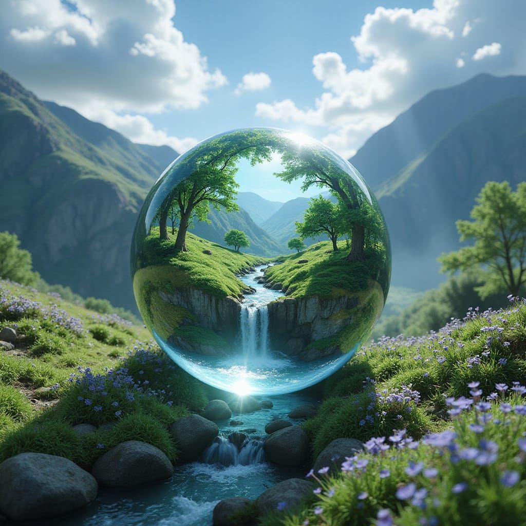 Luminous Miniature Planet in Crystal Sphere: Fantasy Art