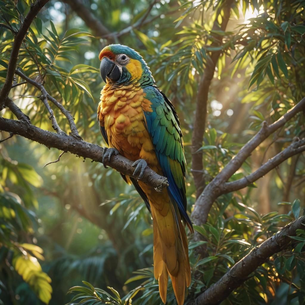 Magical Parrot Radiating Energy in a Fantasy World