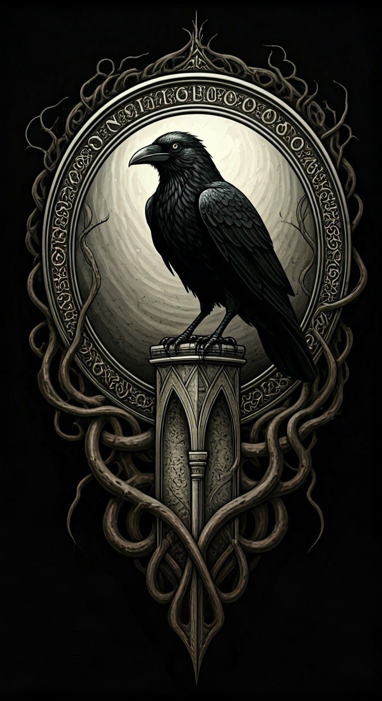 Surreal Crow in Nigredo Alchemical Symbolism, in Dark, Medie...