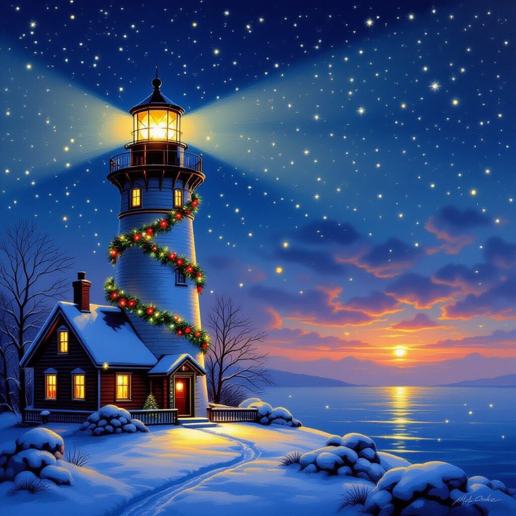 Majestic Lighthouse Christmas Scene in Oil Painting Style