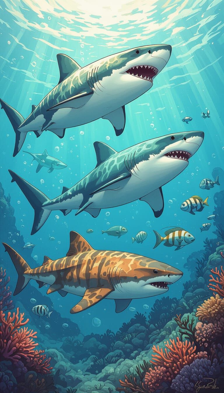 Sharks in a Vibrant Ocean: Digital Art