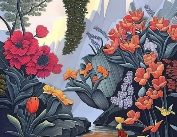 Lush Gouache Garden with Rare Blooms