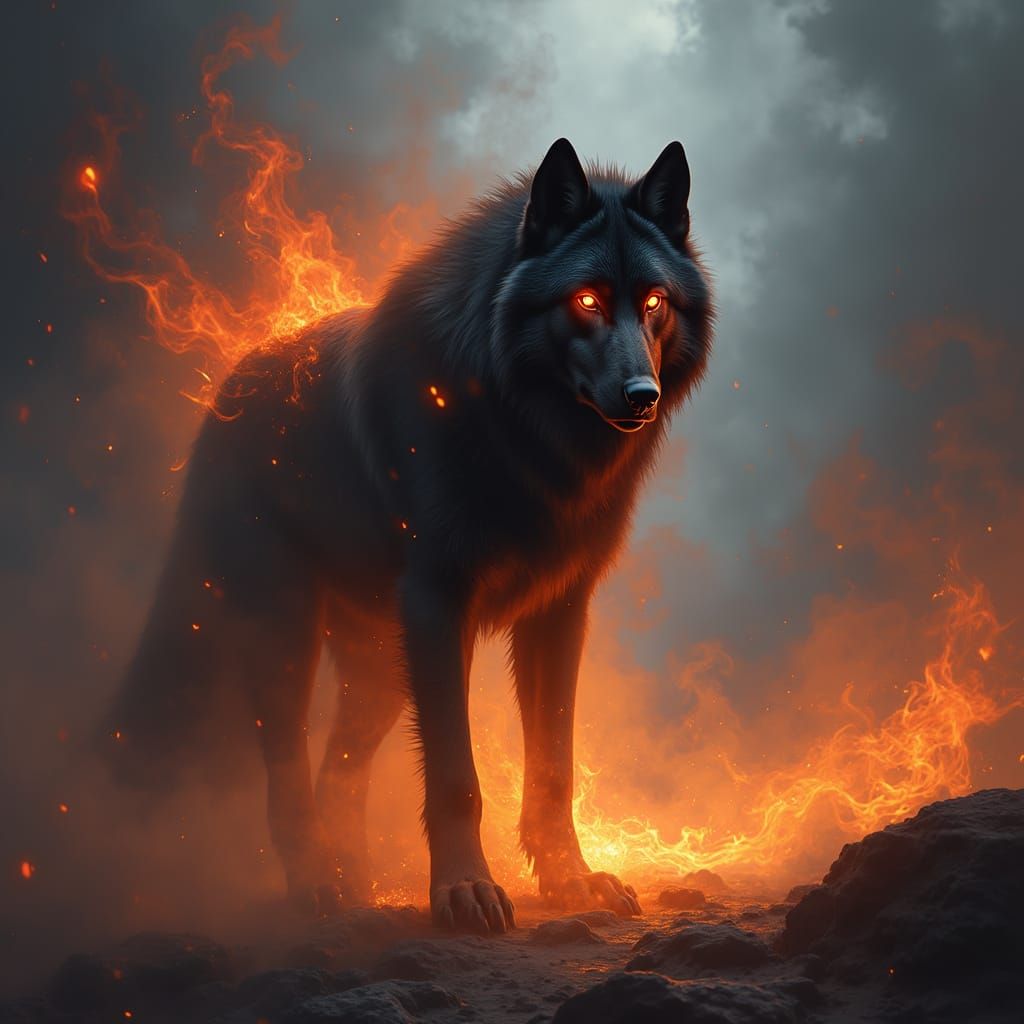 Shadow and Flame Wolf in Dramatic Firelight