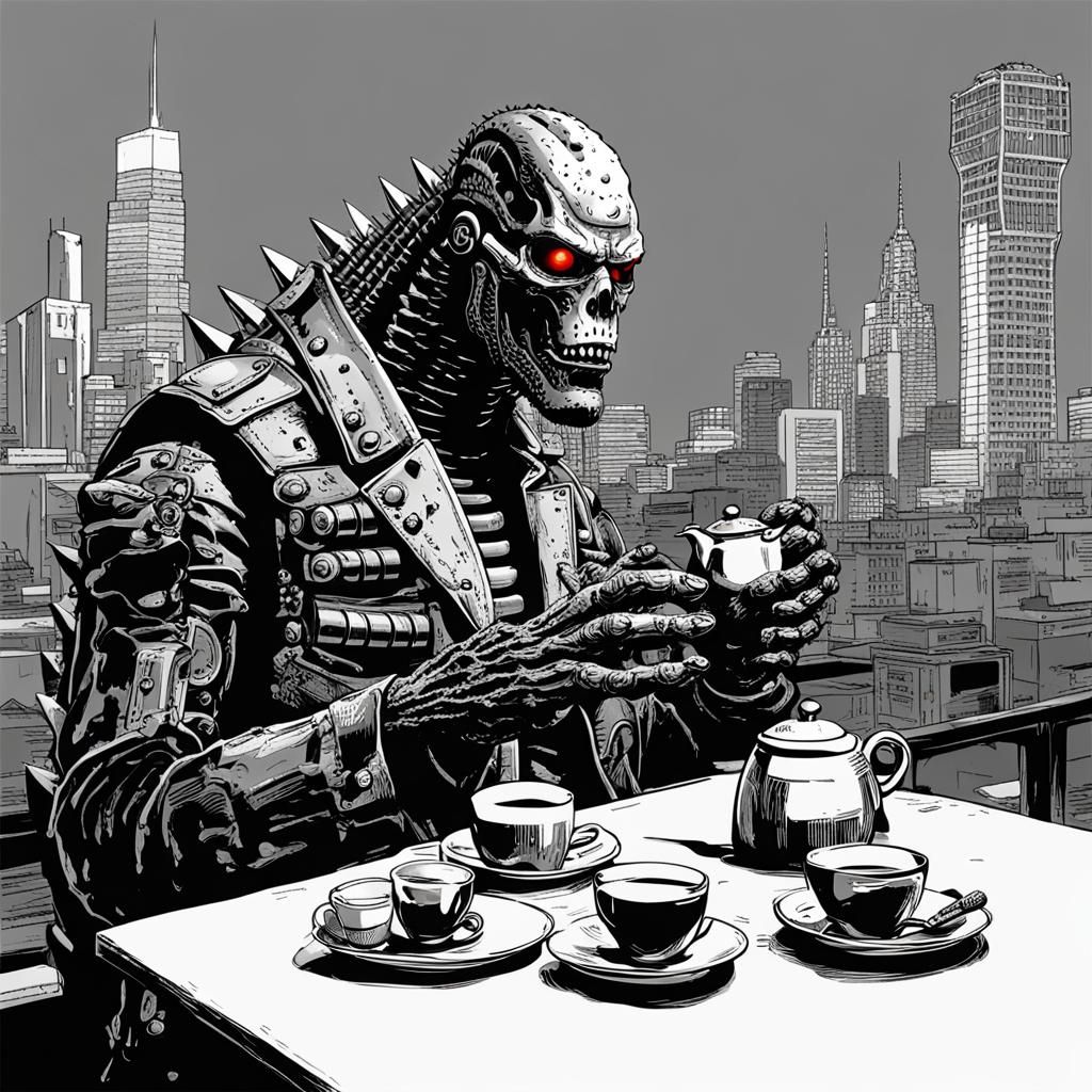 Terminator T-800 and Godzilla Having Tea