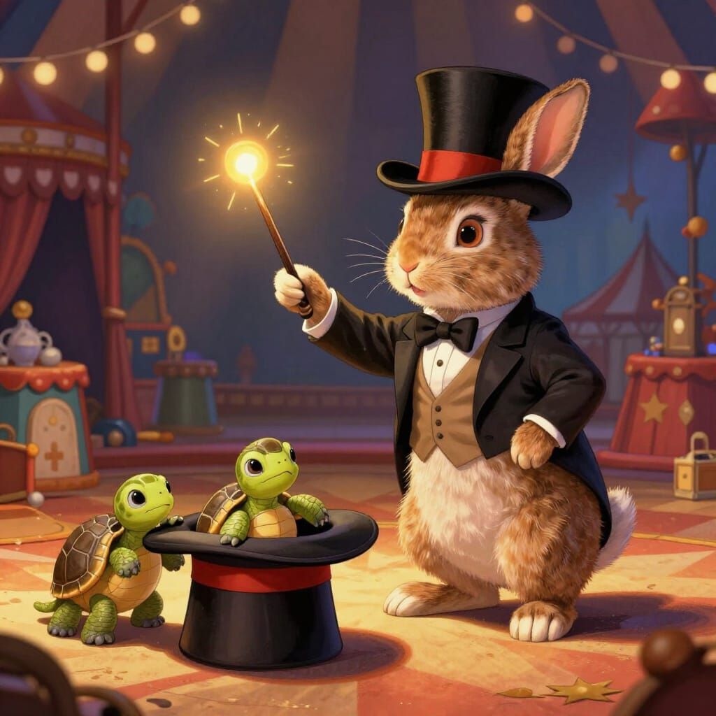 Magician Rabbit with Baby Turtles in Hat
