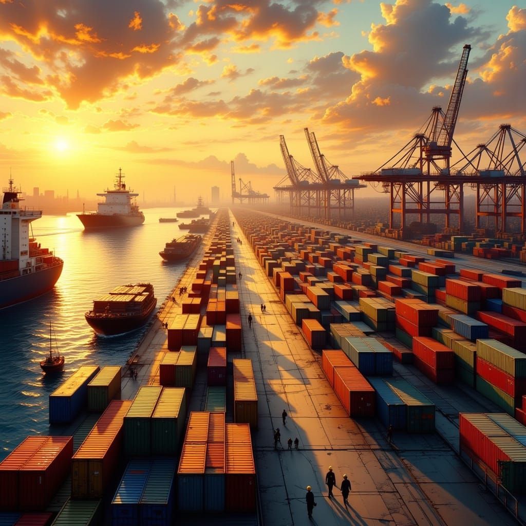 Rotterdam Harbor at Sunset in Photorealistic Style