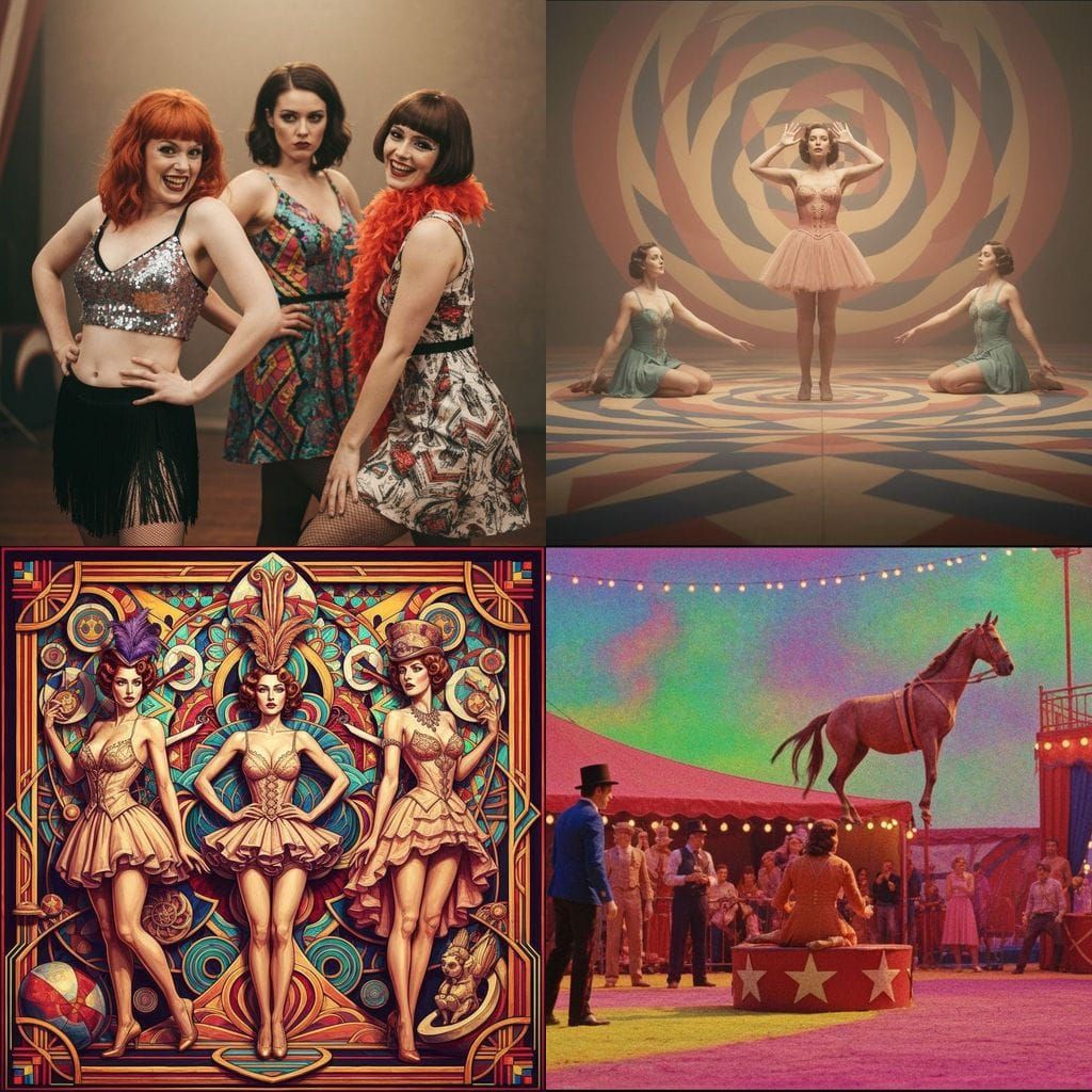 Zentangle Sideshow Women at 1940's Circus in Cubist Style