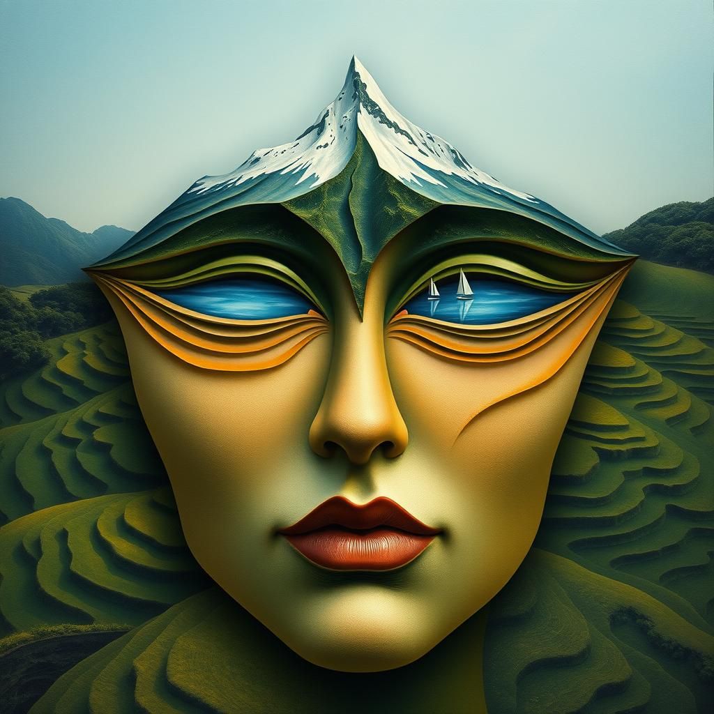 Surreal Landscape Face: Mountain Nose and Lake Eyes