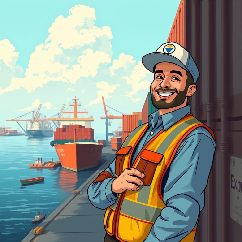 Cheerful Port Exporter Inspecting Cargo in Bustling Harbor