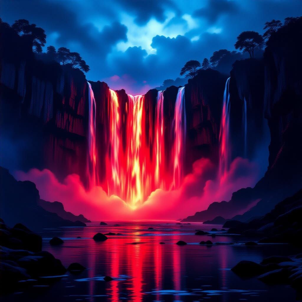 Surreal Crimson Waterfall on Jagged Black Cliffs