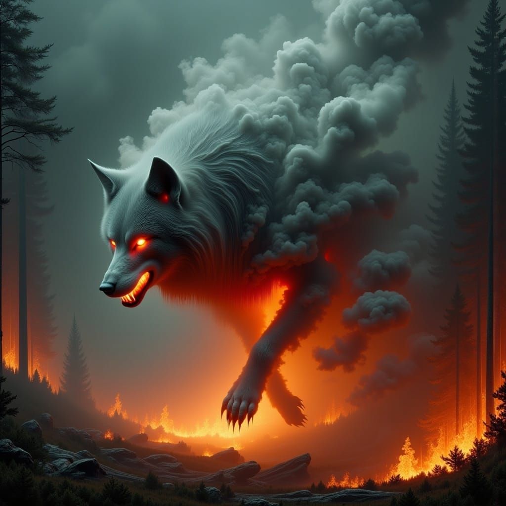 Ethereal Ghostly Wolf Emerges in Forest Fire Scene