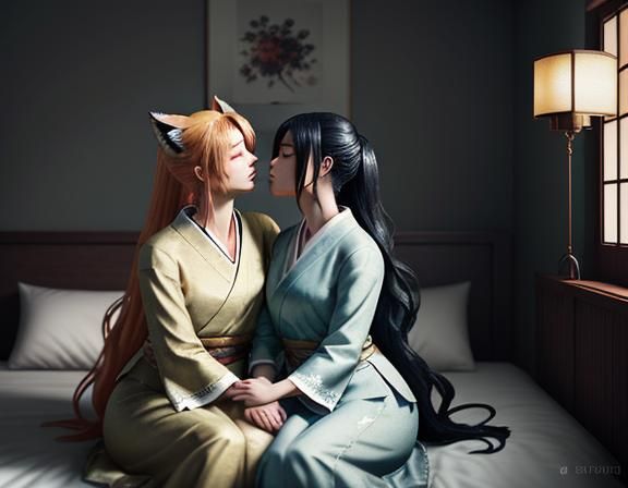 Intimate Kitsune Kiss in Manga Watercolor Style